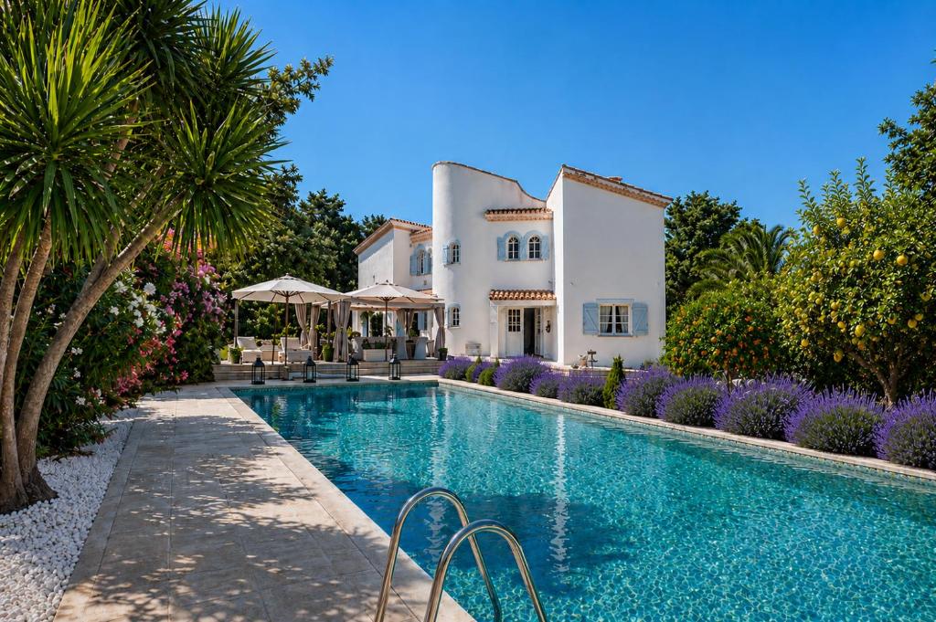 a swimming pool in front of a white house at Villa Daurus in Vallauris