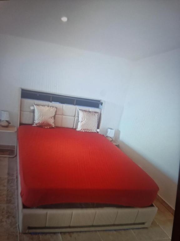 a bedroom with a red bed with two pillows at Petit appartement avec jacuzzi in Bédarrides