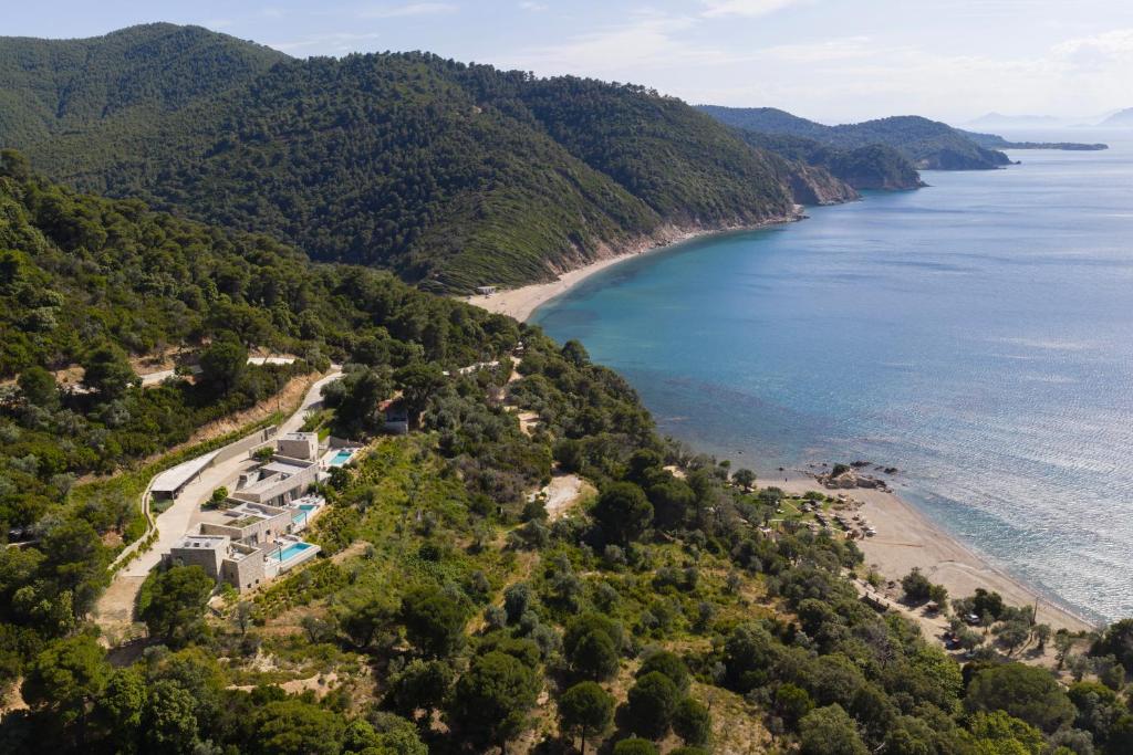 an aerial view of the shoreline of a beach at Kechria Bay Villas in Skiathos