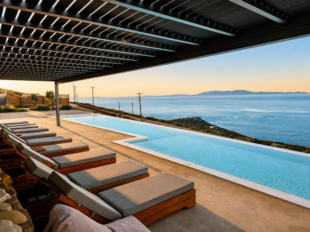 a pool with lounge chairs and a view of the ocean at ReGenesis Villas in Kardhianí