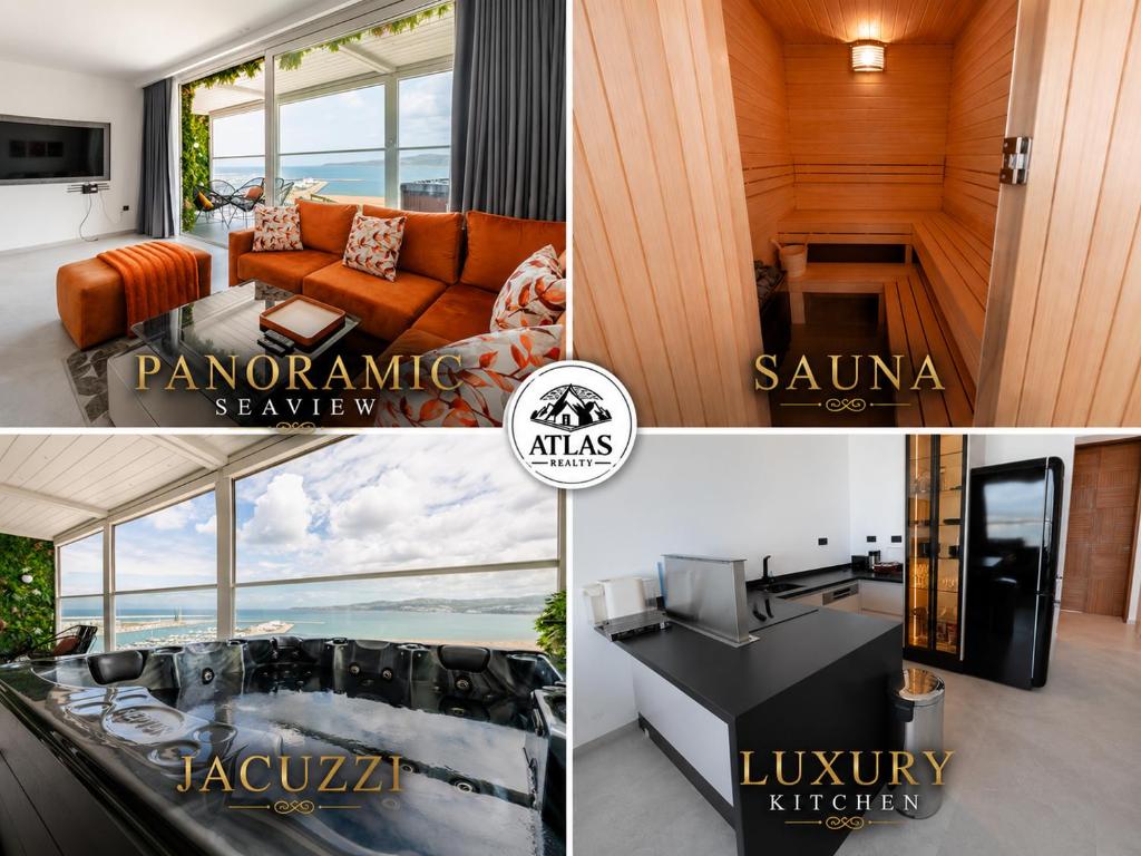 a collage of three pictures of a living room at The blue Mirage II in Tangier