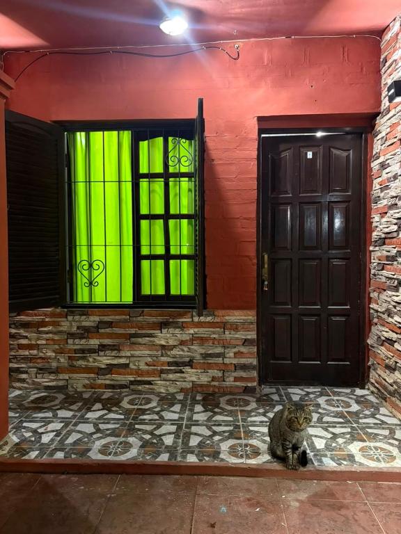 a cat sitting in front of a door at Monoambiente LPS in Santiago del Estero