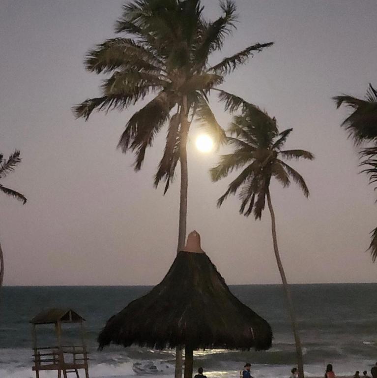 a straw hut on the beach with palm trees at VG Cumbuco J&Y in Caucaia