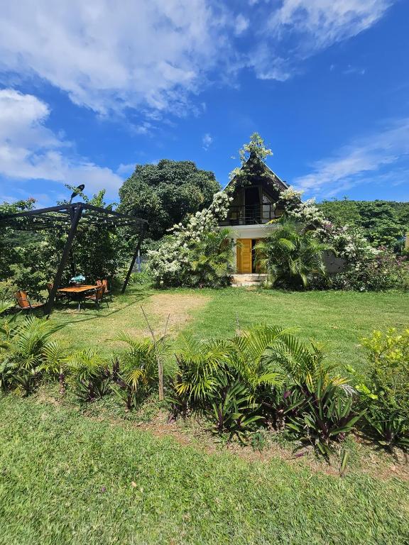 a house with a green yard with a grass field at Dreamvilles Ecovillage Eco Villas with Jacuzzi near Beaches in Las Galeras