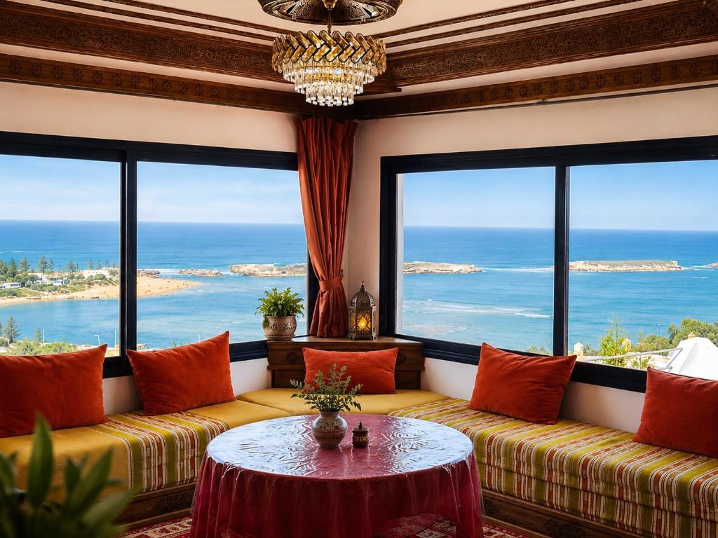 a living room with two couches and a table at Le grand château Vue sur Mer uniquement les familles in Oualidia