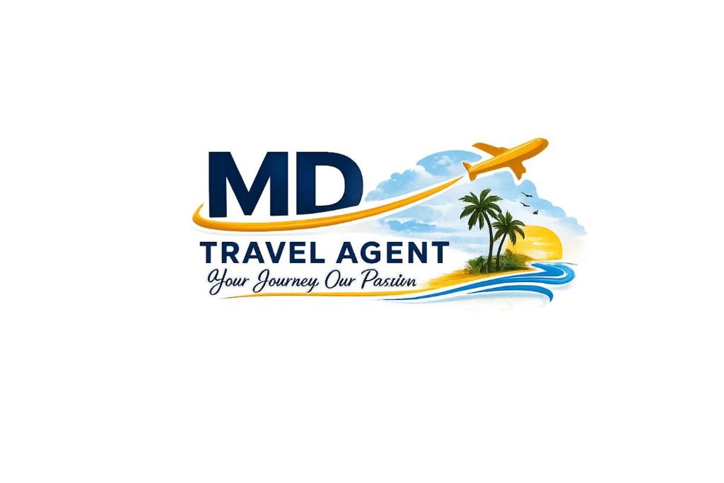 a label for a travel agent with a palm tree and an airplane at M D Travel Agent in Dambulla