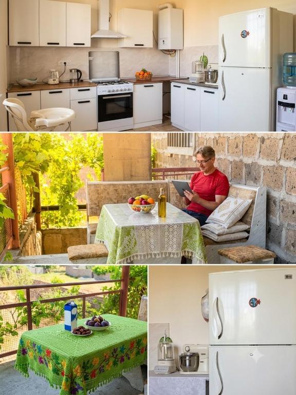 a collage of photos of a kitchen and a man sitting at a table at Chinese home in Masis