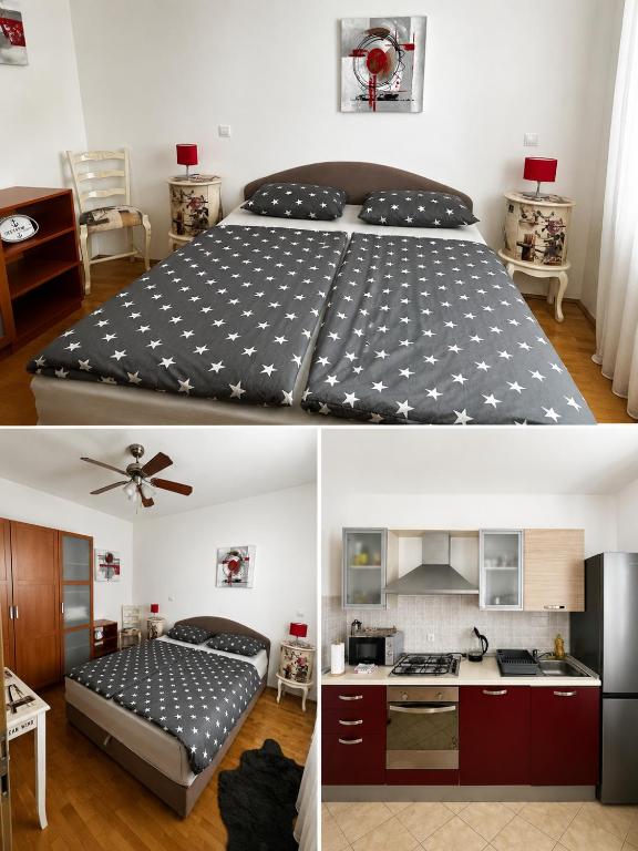 two pictures of a bedroom with a bed and a kitchen at Apartman S & S in Makarska