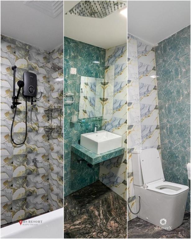 two pictures of a bathroom with a toilet and a sink at MSResort in Haputale