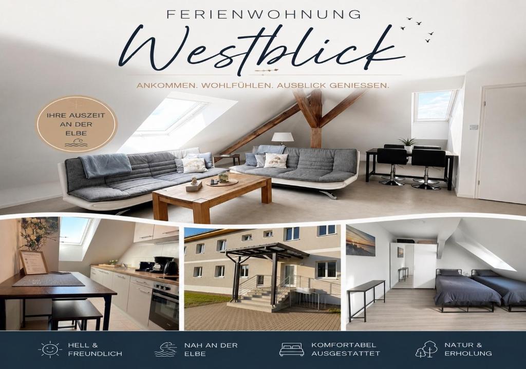 a collage of pictures of a living room and a kitchen at Ferienwohnung Westblick in Arneburg