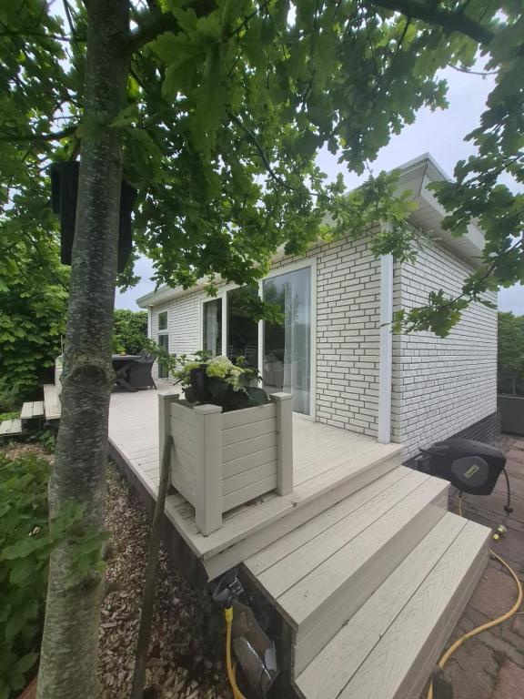 a house with a wooden deck with a tree at Het ooievaarsnest in Warmond