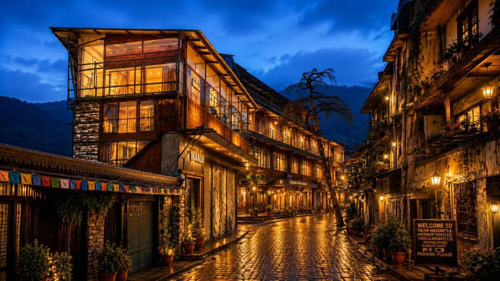 an old street in an old town at night at Tripli Hotels M & Resort in McLeod Ganj