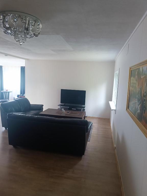 a living room with a black couch and a television at Senja Aurora in Senja