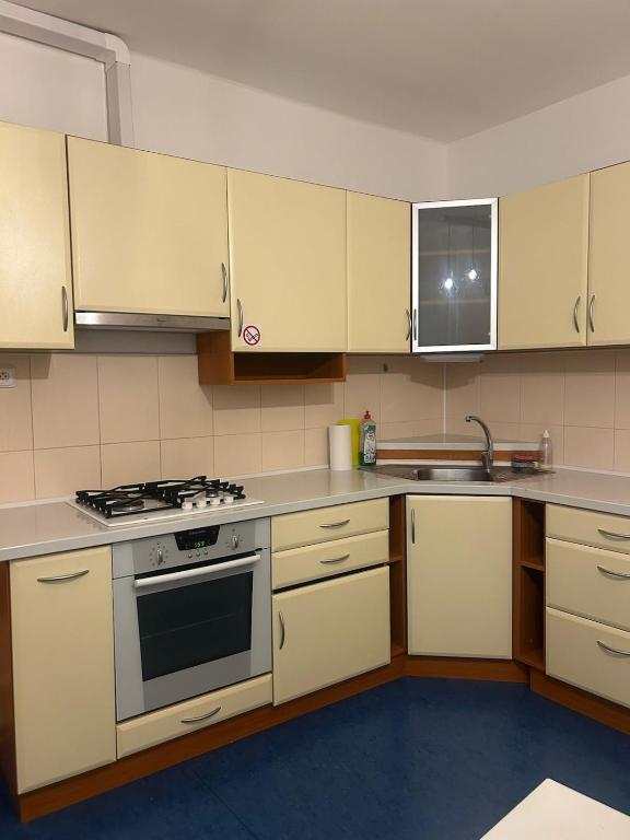a kitchen with white cabinets and a stove top oven at Your home 29 with parking in KoÅ¡ickÃ© KÃºpele
