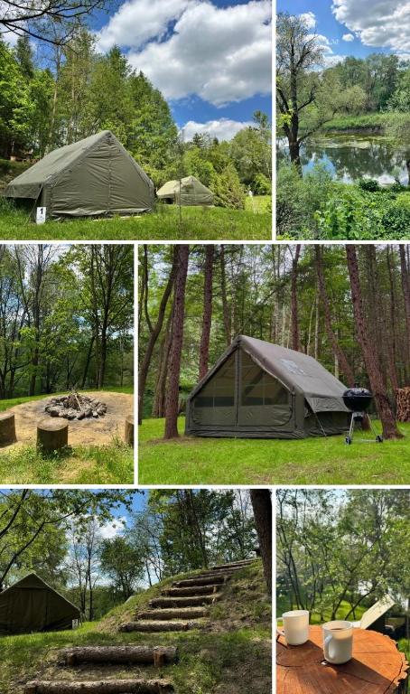 four different pictures of a tent in a forest at Sanovia Glamping in Reczpol