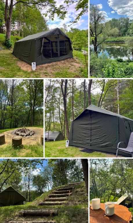 four different pictures of a tent in a forest at Sanovia Glamping Max in Reczpol