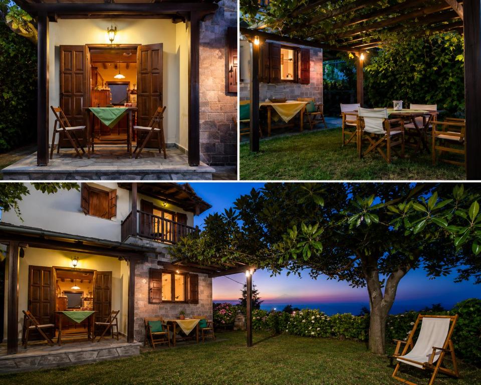 a house with a table and chairs in the yard at Deja Blue in Mouresi