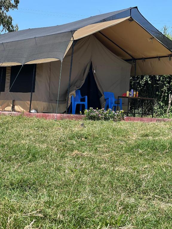 a tent with chairs and a table in the grass at Oloiba Nkuti lodge in Sekenani