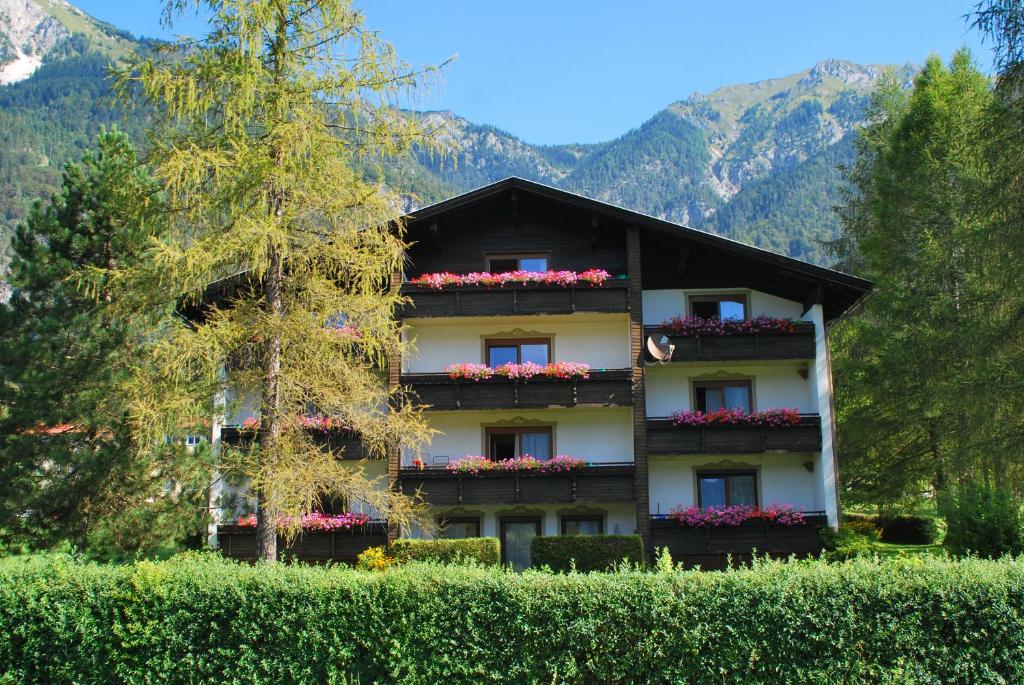 a building with flower boxes on the side of it at Haus Pock Apartments in Lake Pressegg