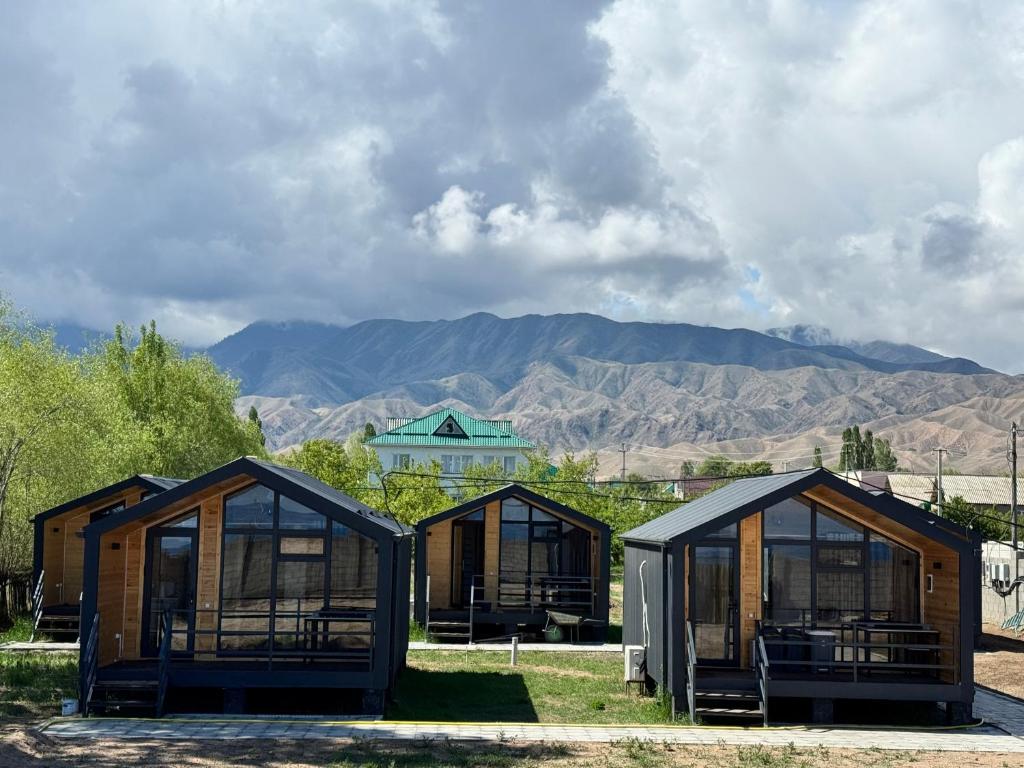 a group of four greenhouses with mountains in the background at Tosor Barnhouse in Tossor