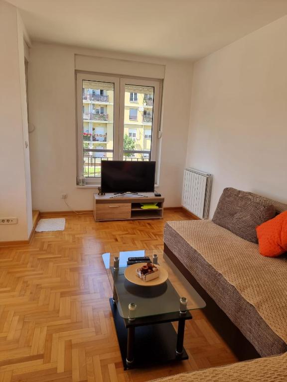 a living room with a couch and a coffee table at Vels Suite - Cozy Oasis & Free Parking in Voždivac
