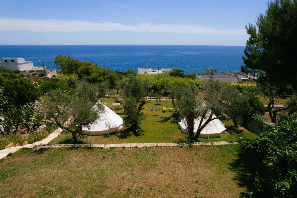 an aerial view of a field with tents and trees at Tende Glamping Vista Mare Marina Serra in Marina Serra
