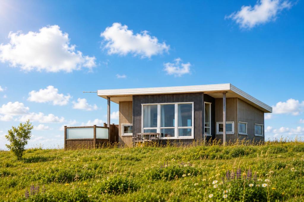 a house on top of a grassy hill at Blue View Cabins in Reykholt