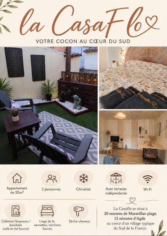 a collage of pictures of a room with a table at La Casaflo cocon climatisé au coeur de l'Occitanie in Florensac