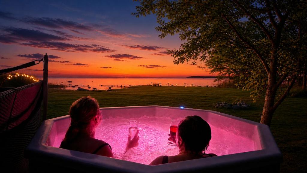 two women sitting in a hot tub with wine glasses at LuigeLaguun in Triigi