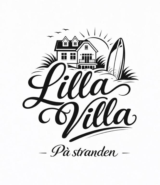 a sign for a villa with a surfboard and a house at Lilla Villa - Pá stranden - in Kellenhusen