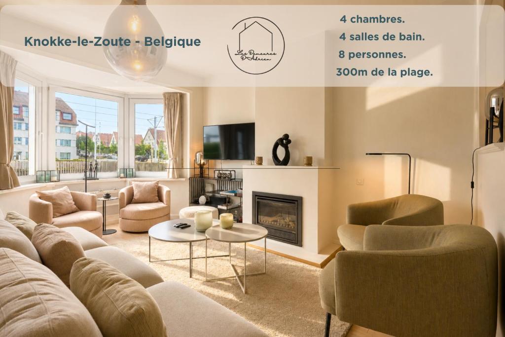 a living room with a couch and a fireplace at Villa Duinbergen - Séjour Familial à Knokke-Heist in Knokke-Heist
