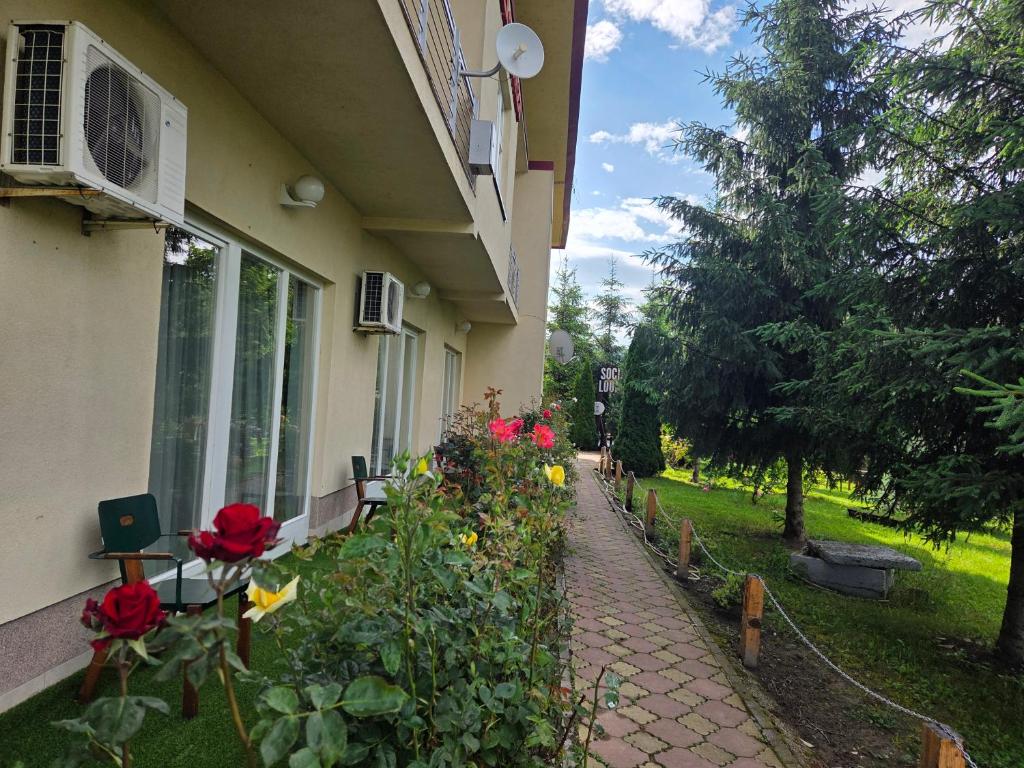 a building with flowers next to a walkway at Pensiune Excelenta in Vermeşti