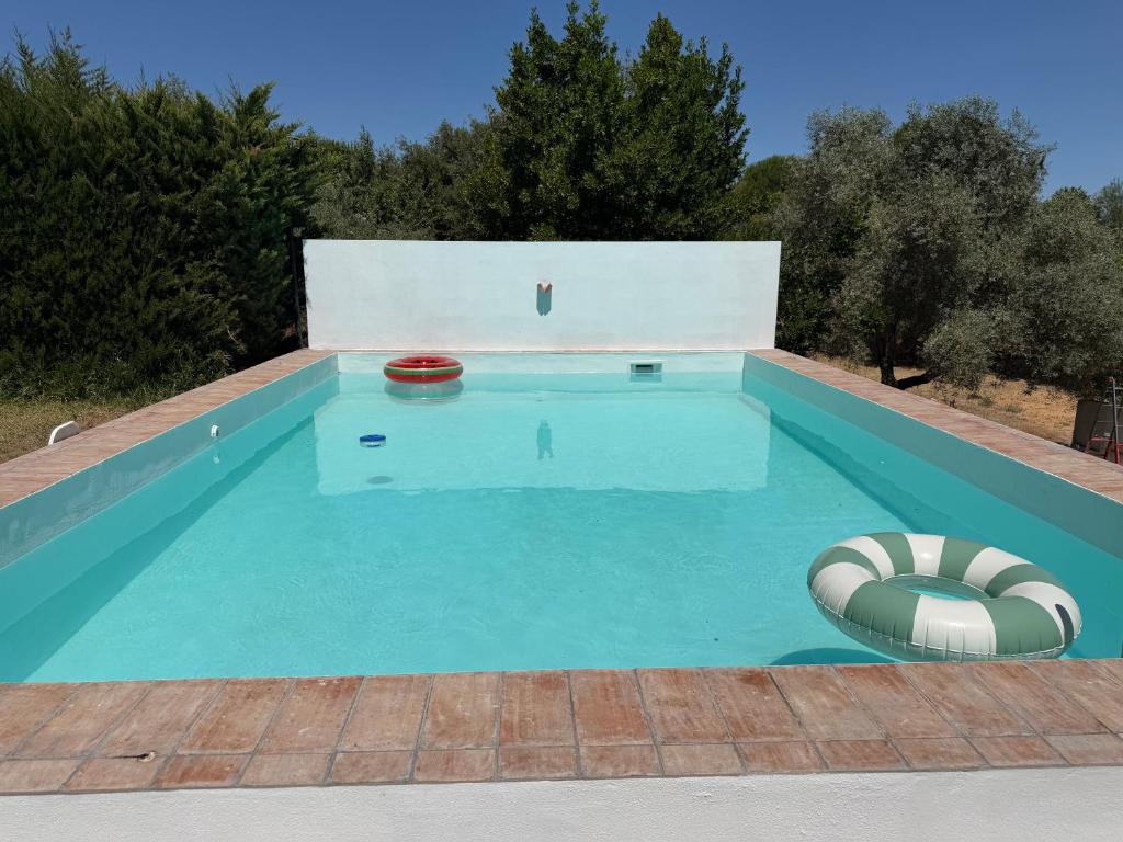 a swimming pool with a beach ball and a chaise lounge at La Zagala in Badajoz