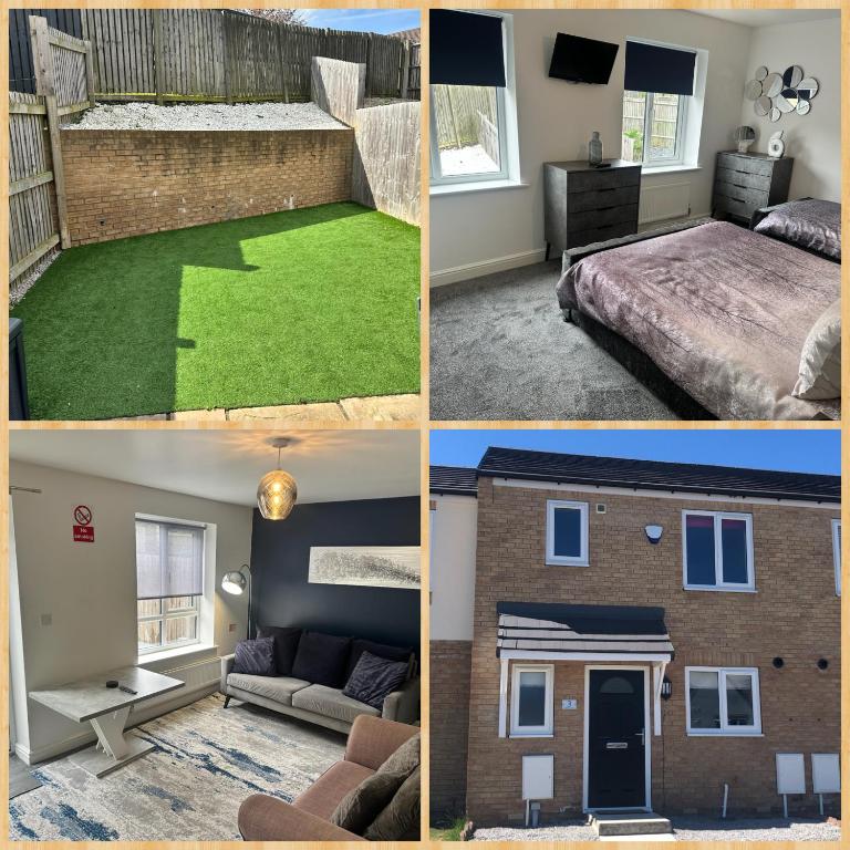 four pictures of a bedroom and a living room at Barber House, Hoyland with two allocated parking spaces in Hoyland Nether