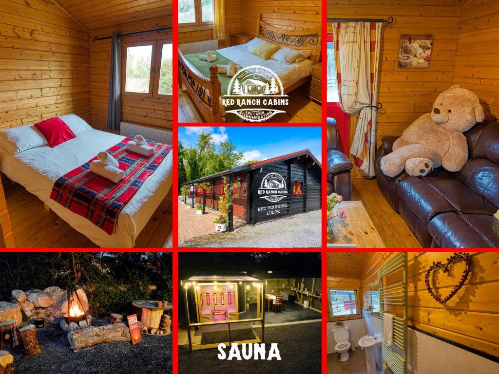 a collage of four pictures of a cabin at Red Squirrel Lodge in Galway