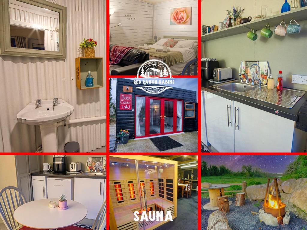a collage of four pictures of a tiny house at Bob’s Cabin in Galway