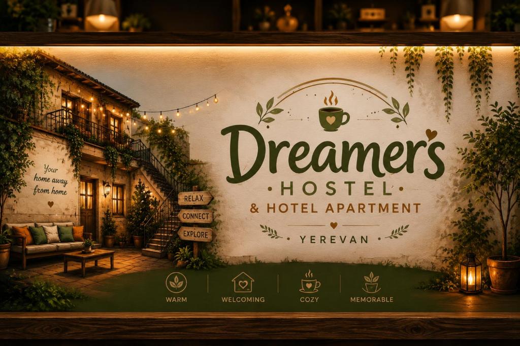 a sign for a dreamers house and hotel apartment at Dreamers Hostel & Hotel Apartment in Yerevan