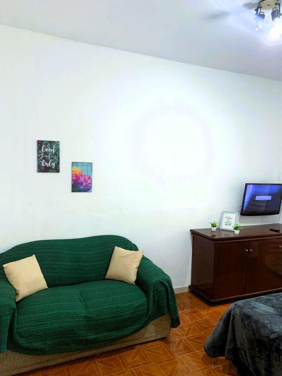 a green couch in a living room with a tv at kitnet 101 mob in Tatuí