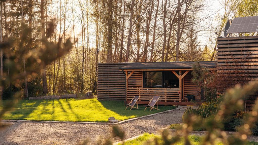 a cabin in the woods with a lawn and two chairs at Woodbox Istebna in Istebna