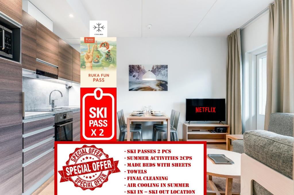 a kitchen with a sign that says sushi pass and sushi pass smart appliances says more at RukaHillChalet2 Ski In - Ski Out - SkiPass & Summer activities x2 in Ruka