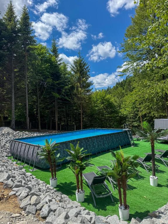 a swimming pool with palm trees in a yard at Willa Bajkowa in Międzybrodzie Żywieckie