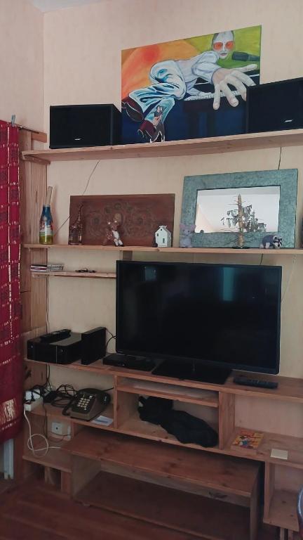 a flat screen tv sitting on top of a wooden entertainment center at Cool in Cévennes in Le Vigan