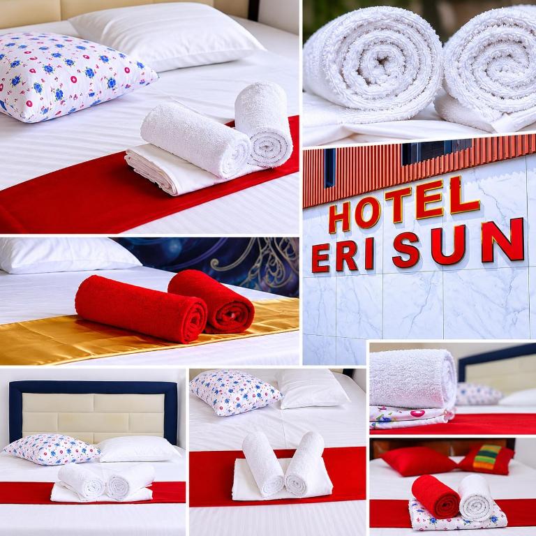 a collage of pictures of a hotel room with towels at Hotel Erisun in Vlorë