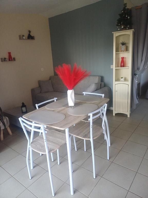 a table with two chairs and a vase with red feathers at Studio a la campagne in Dissay