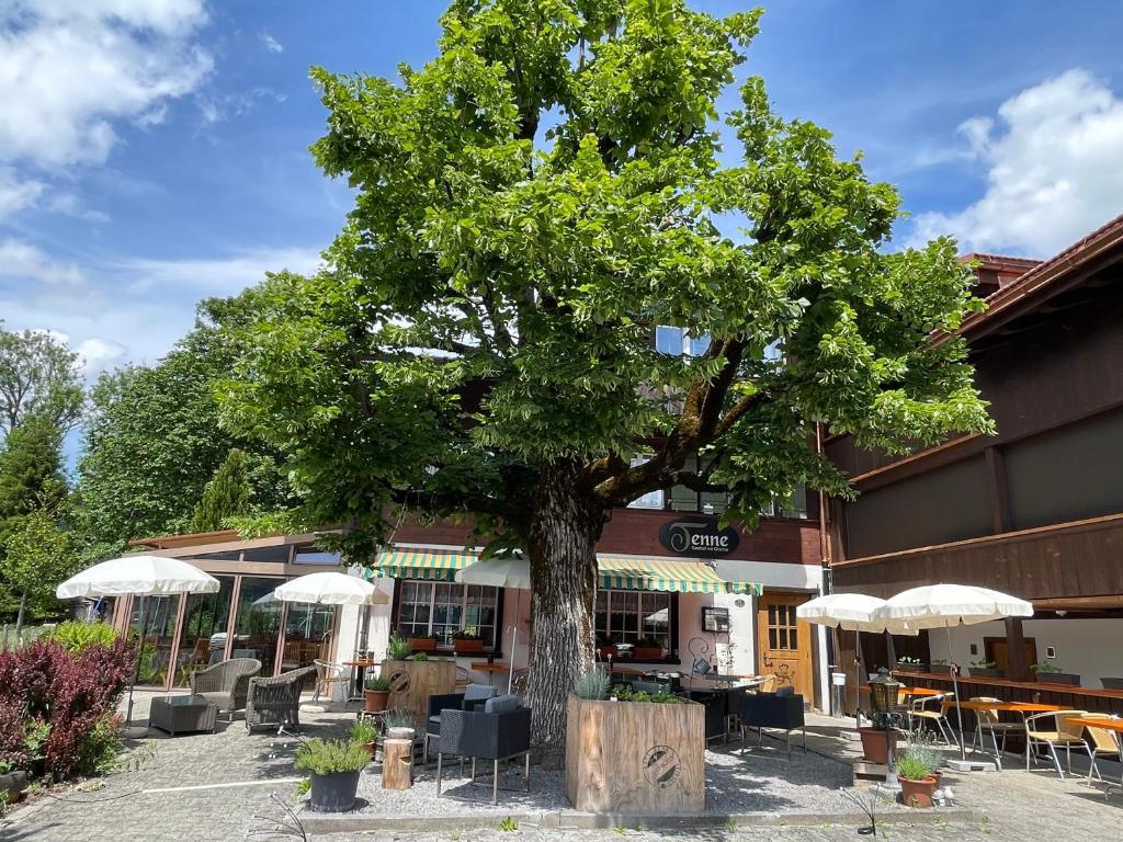 a tree in front of a building with tables and umbrellas at Gasthof Tenne - Ferie mit Härz in Lenk