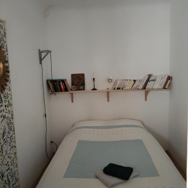 a small room with a bed and a shelf with books at Petite maison en Luberon in Apt