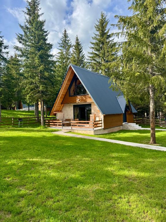 a cabin with a black roof in a grassy field at A-frame Durmitor in Žabljak