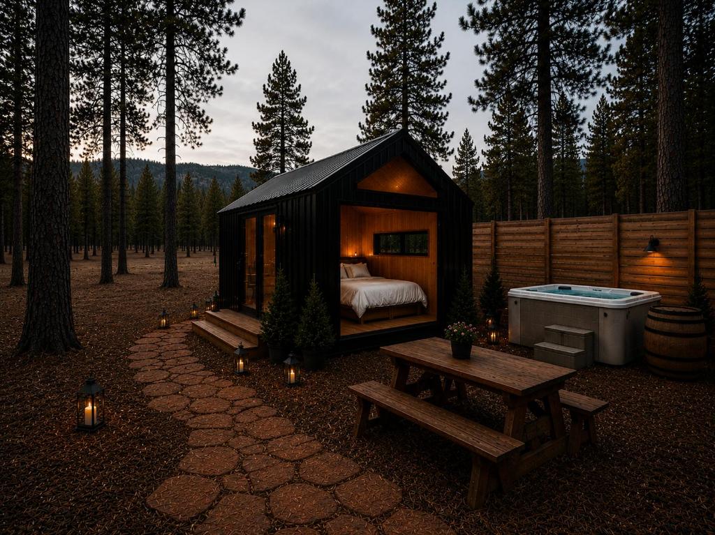 a black tent with a bed and a tub at Ponderosa Pines Resort in Parks