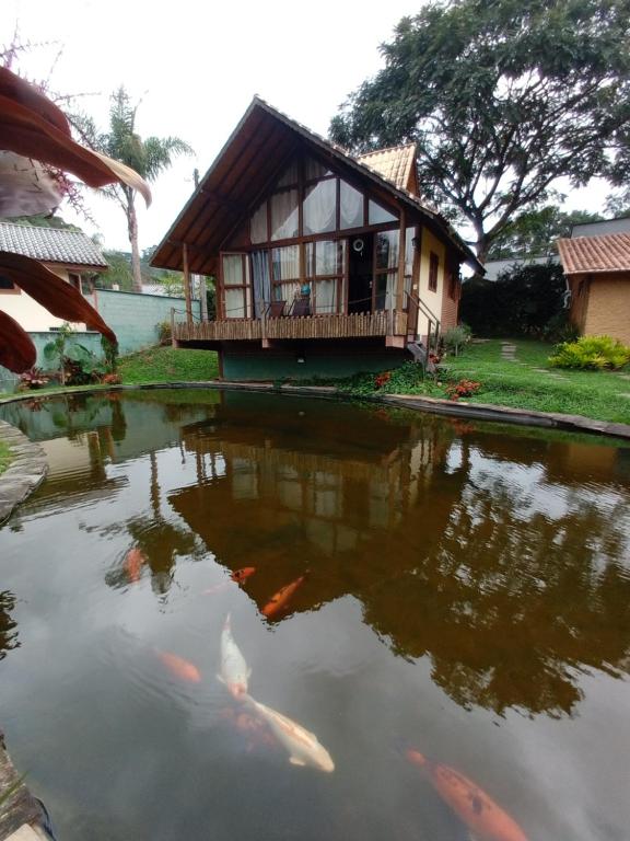 a house with a pond with kites in it at Pousada Silvestre in Visconde De Maua