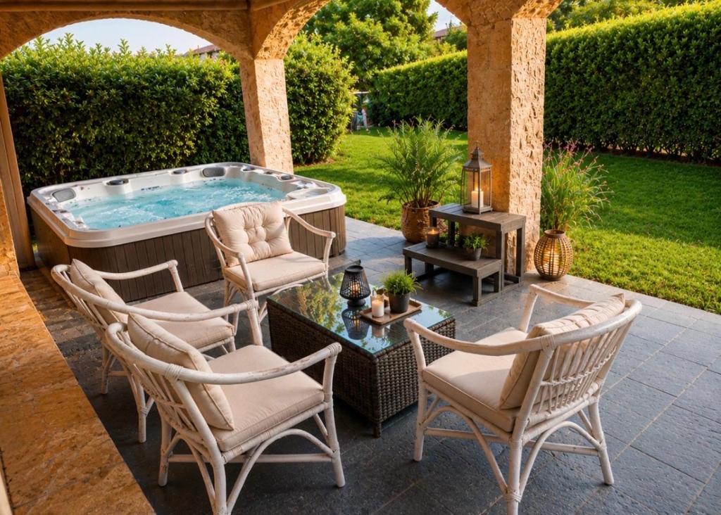 a patio with a hot tub and chairs and a table at Villa Armando Corfu Jacuzzi in Perama